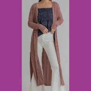 UMGEE Cardigan S Mauve Open Front Knit Long Stretch Side Slits Duster Cardigan